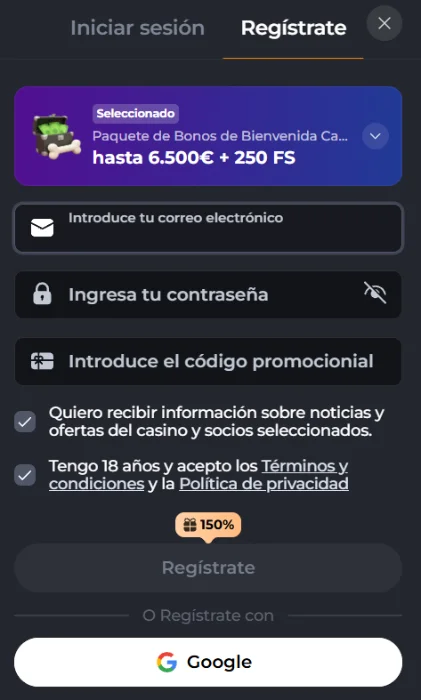 Formulario de registro de Corgibet Casino con bono de bienvenida y acceso con Google